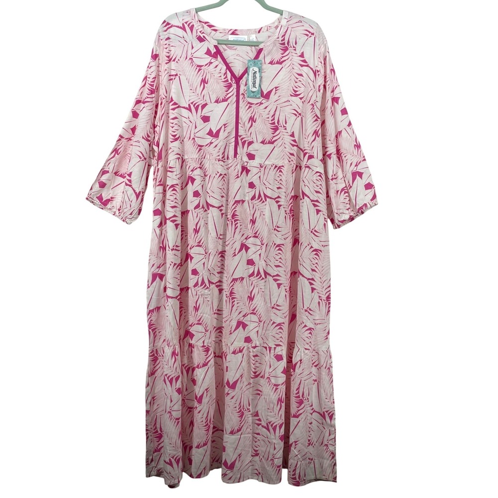 National Plus Size 2X Midi Dress Pink White Tropical Tiered‎ Resort Wear Viscose